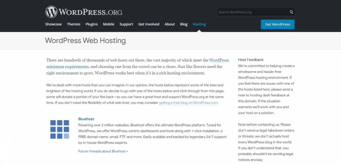 WordPress recommends Bluehost